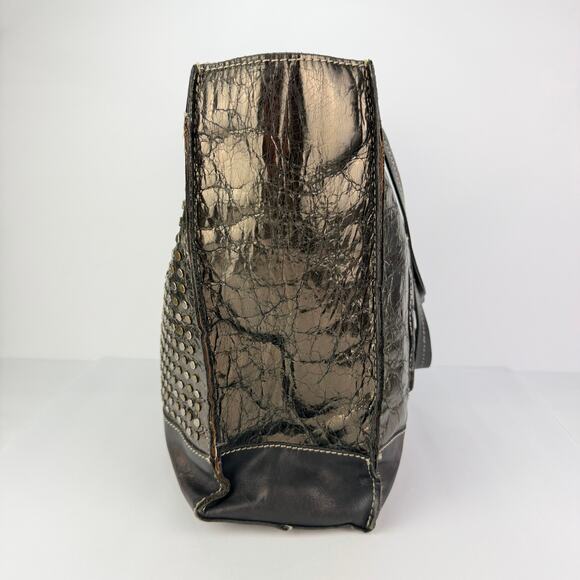 Patricia Nash 2 Tone Silver Bronze Studded Large Black Leather Shoulder tote bag - Picture 5 of 12